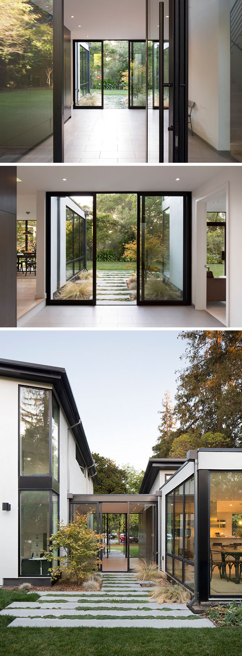 Inside this modern house, there's a glass entry vestibule separates the public and private spaces within the house, and draws the family and visitors into the home and through to the backyard. #Entryway #GlassDoors #ModernHouse