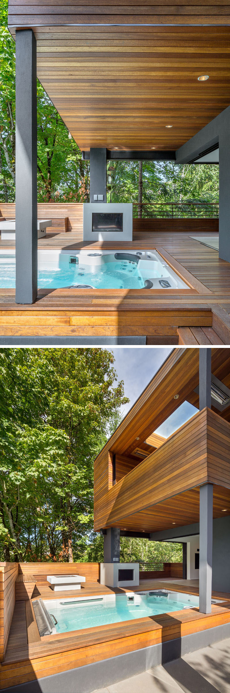 This modern house has an outdoor area with a built-in TV, a custom fire pit with wood seating and a therapeutic swim spa. #OutdoorSpace #OutdoorFirepit #Spa