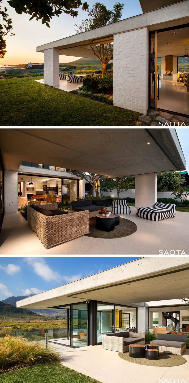 This modern house has a partially covered outdoor space with couches and lounge chairs. #OutdoorSpace