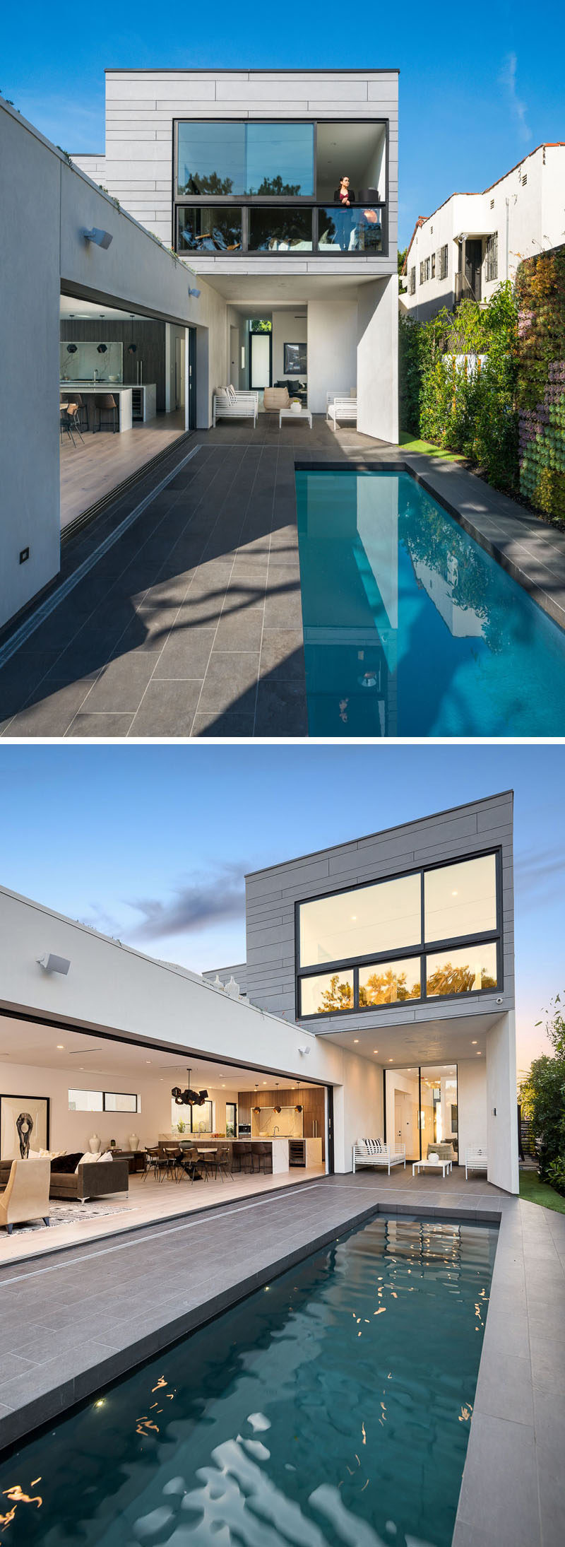 This modern house has sliding glass walls and doors that open the interior of the home to the backyard and swimming pool. #ModernHouse #SwimmingPool