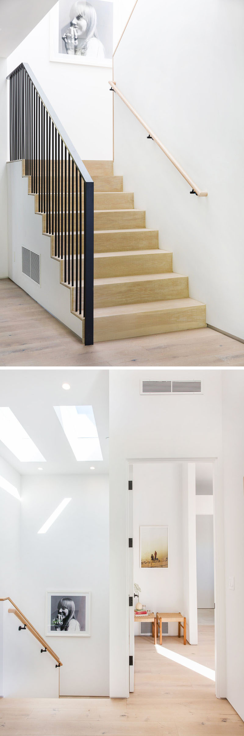 Wood stairs with a black handrail lead to the upper floor of this mid-century inspired home. #WoodStairs #ContemporaryStairs