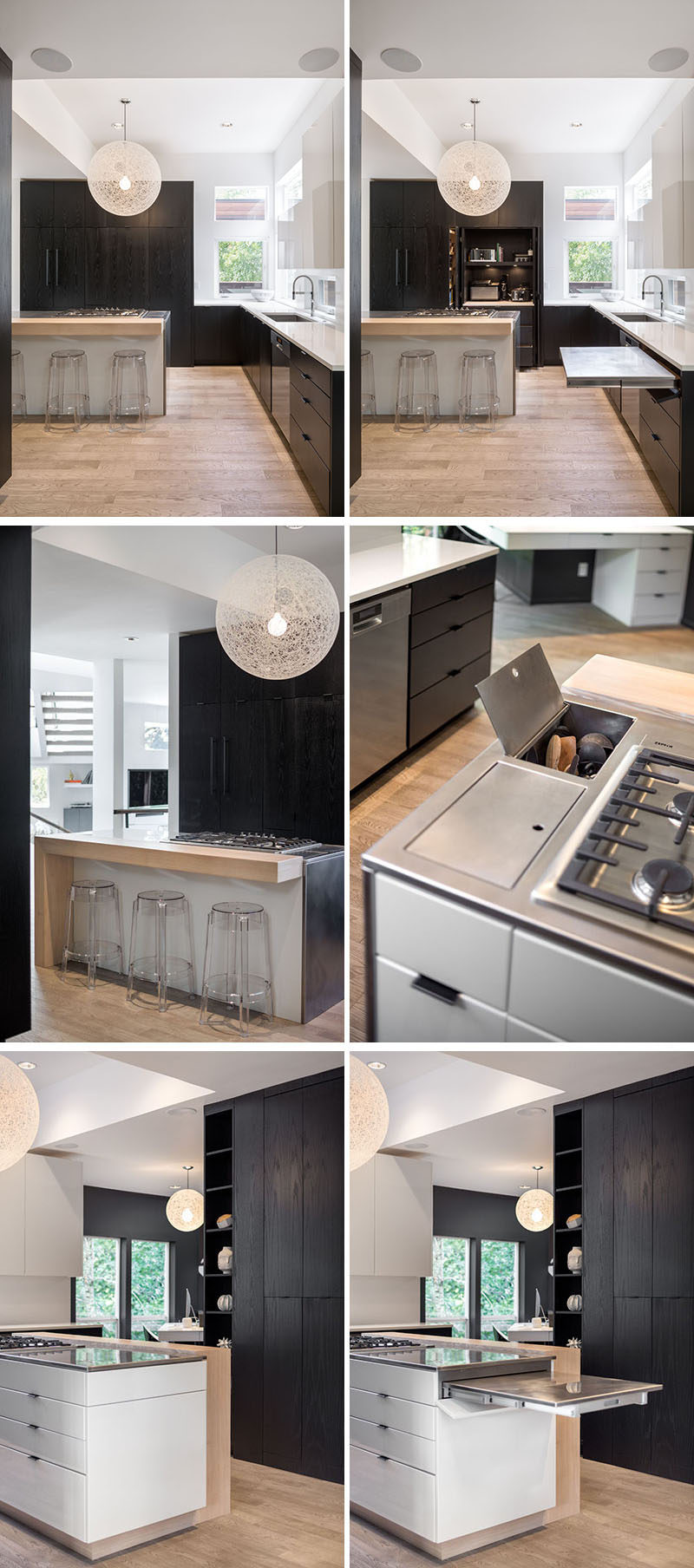 This modern kitchen has incorporated hidden, multi-functional elements like custom pull out prep surfaces that tuck away, pop up utensil vessels, and a dish drying rack in the cabinet above the sink. #ModernKitchen #KitchenDesign