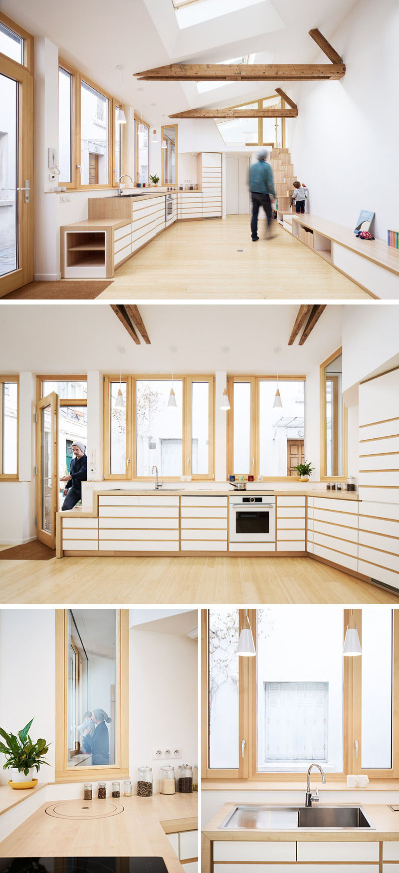 This modern kitchen runs along the windows and follows the shape of the room. White and light wood cabinets are consistent with the over color palette of the interior. #ModernKitchen #WoodAndWhiteKitchen