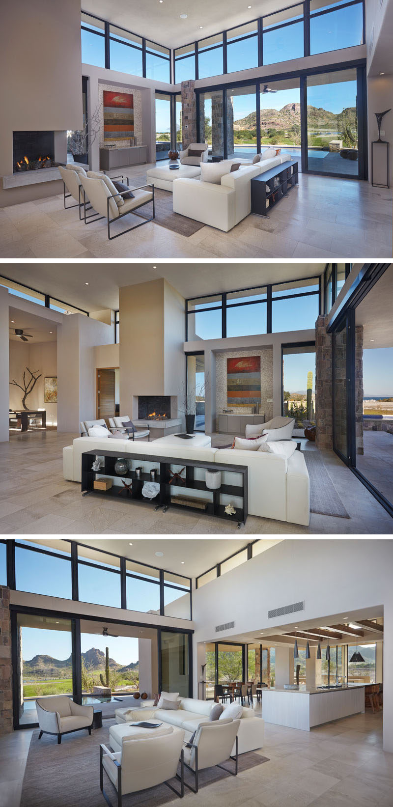 The design of this modern living room is arranged to take advantage of the temperate climate and the abundance of natural light. #LivingRoom #Fireplace #Windows