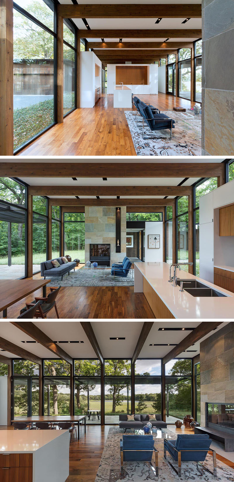 This modern living room with its bluestone fireplace, the kitchen and the dining room all share the same open space. #OpenPlan #LivingRoom #Kitchen #DiningRoom