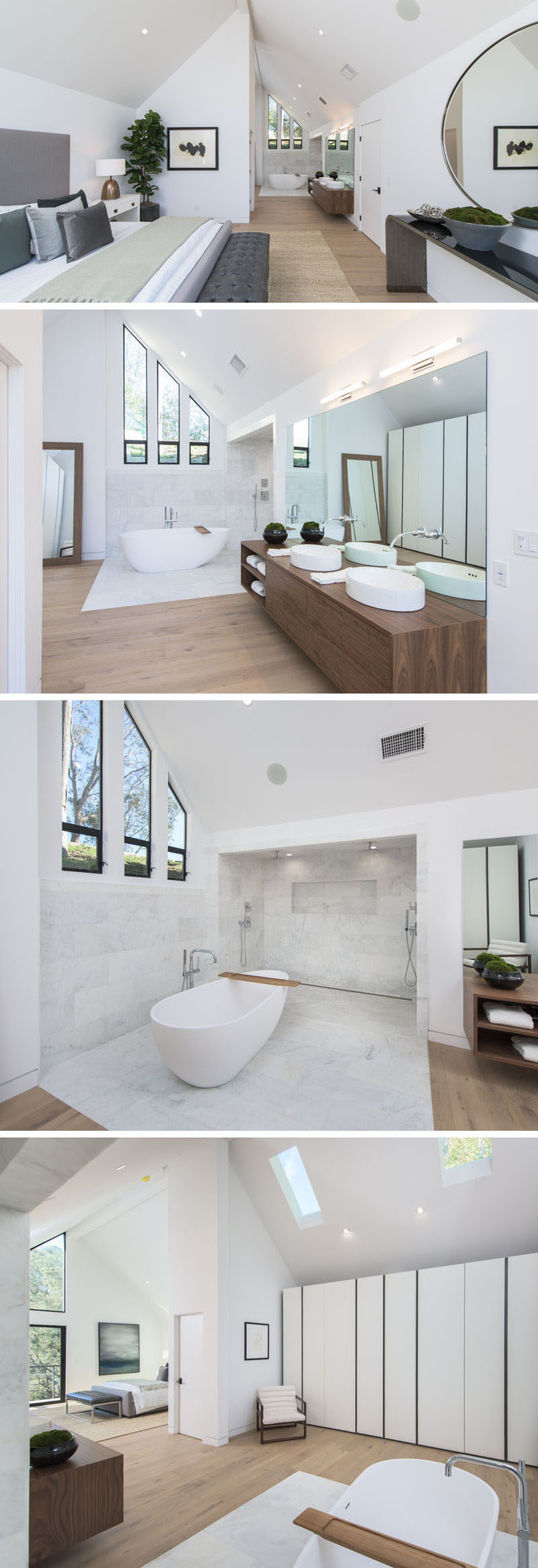 This modern master bedroom has a vaulted ceiling with an open bathroom. A white freestanding bathtub sits next to the dual shower, which is surrounded by tile. On the opposite wall to the shower is a wall of closets. #MasterBedroom #BedroomSuite #Bedroom #Bathroom