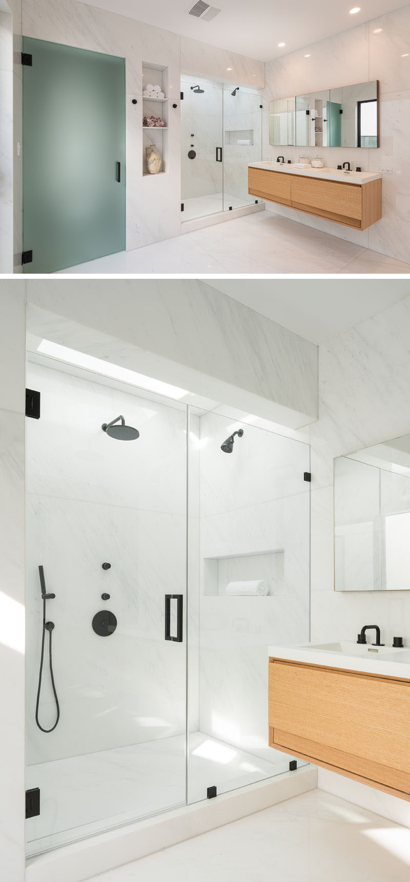 In this modern ensuite bathroom is a toilet hidden behind a frosted glass door, and a glass enclosed walk-in shower. #MasterBathroom #BathroomDesign