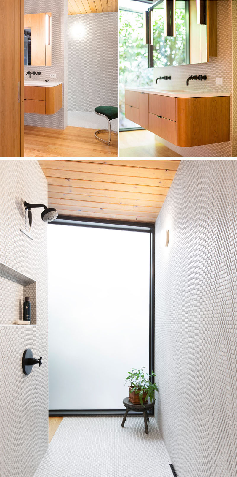 This modern master bathroom features white penny tiles, a floating wood vanity and an open shower. #MasterBathroom #PennyTiles #FloatingVanity