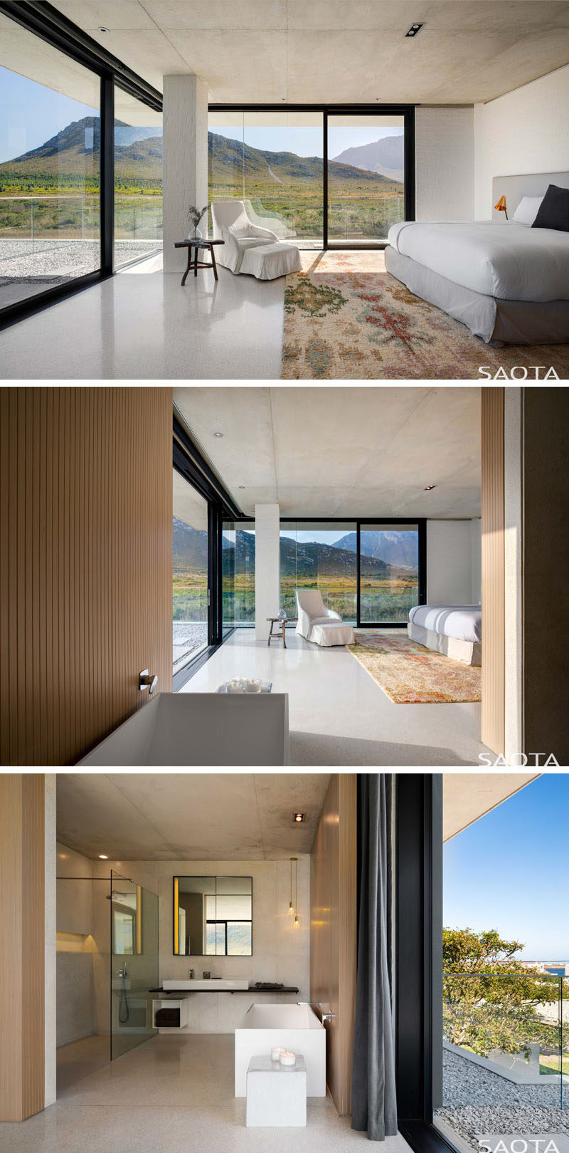 This modern master bedroom has mountain views through the floor-to-ceiling windows and sliding doors. Off to the side of the sleeping area is the ensuite bathroom that's open to the rest of the room. #ModernMasterBedroom #EnsuiteBathroom