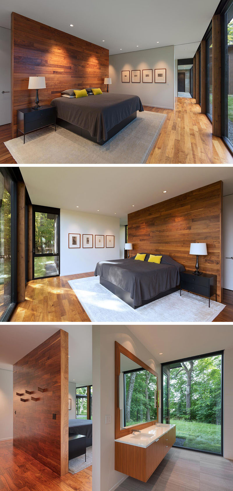 In this modern master bedroom, there's a wood accent wall that also acts as a partition, and behind it are coat hooks. Off to the side of the bedroom is the master bathroom that features a large window with tree views. #MasterBedroom #MasterBathroom