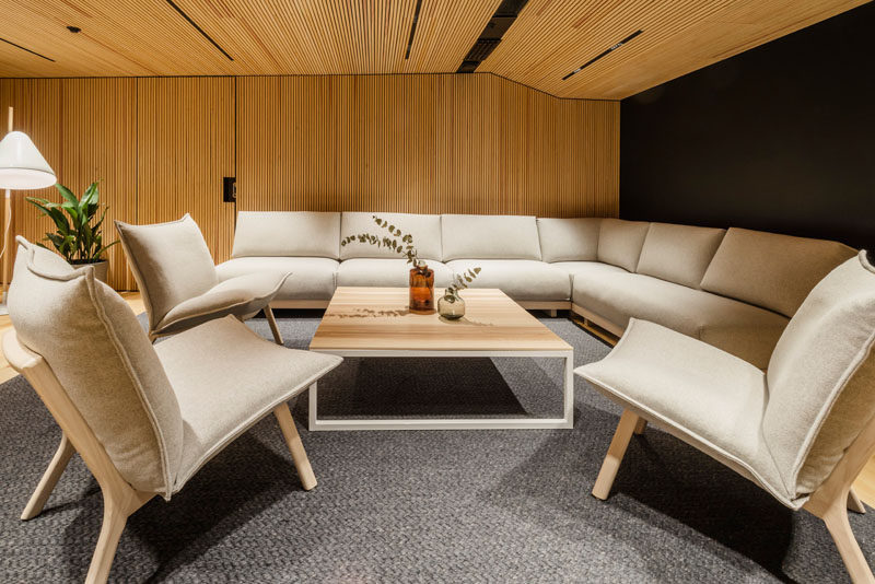 This modern office features lounges that can be used as a place to work, relax or if needed be rearranged to hold a meeting. #Lounge #Workplace #OfficeDesign