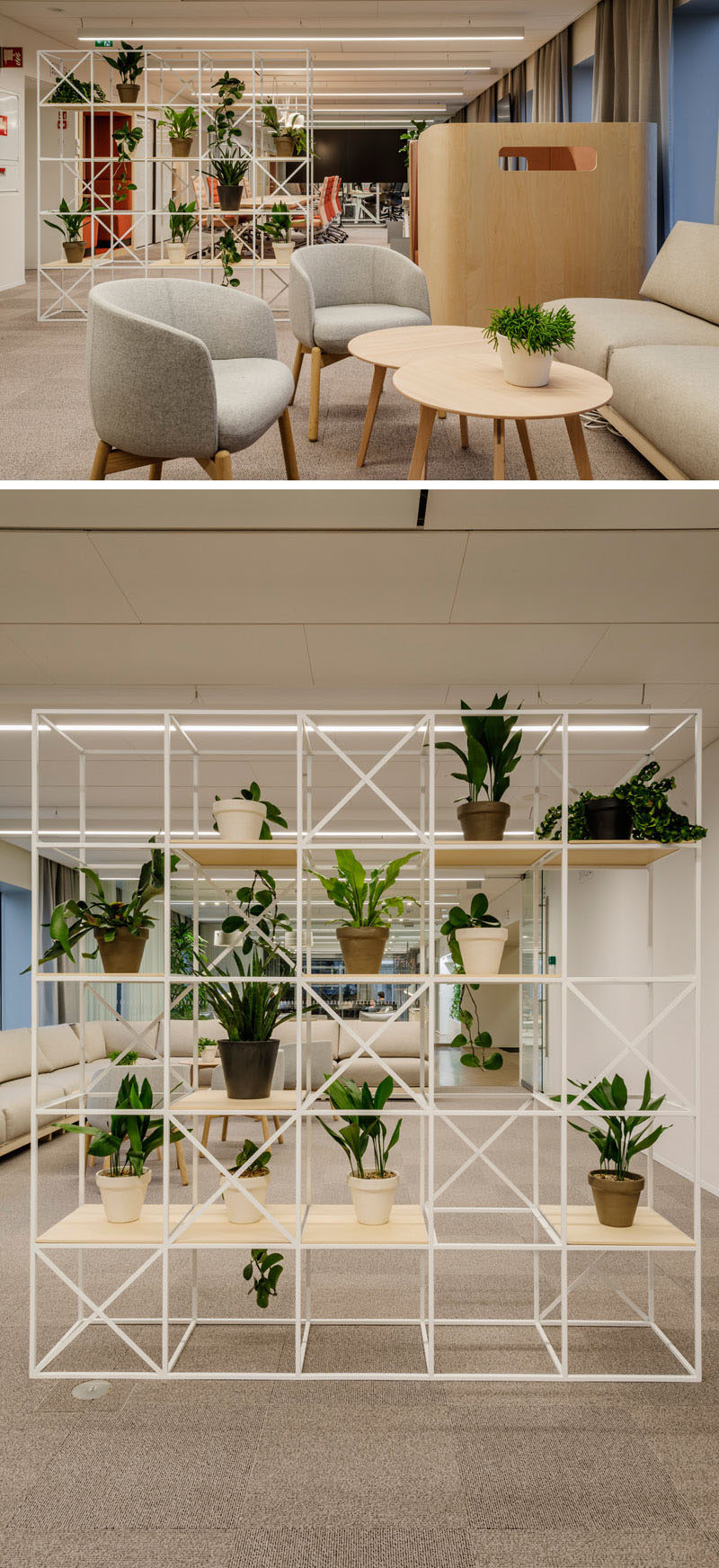 This modern office uses simple wire frame room dividers to define areas, and at the same time they allow people to see through to the other areas. #RoomDivider #OfficeDesign #Workplace