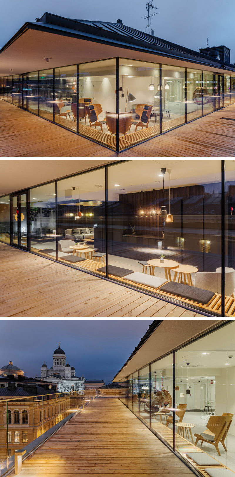 This modern workplace has a wood bench that wraps around the interior at the same height as the deck, providing a place to relax and enjoy the view from inside. #Workplace #OfficeDesign #Deck #WindowSeat