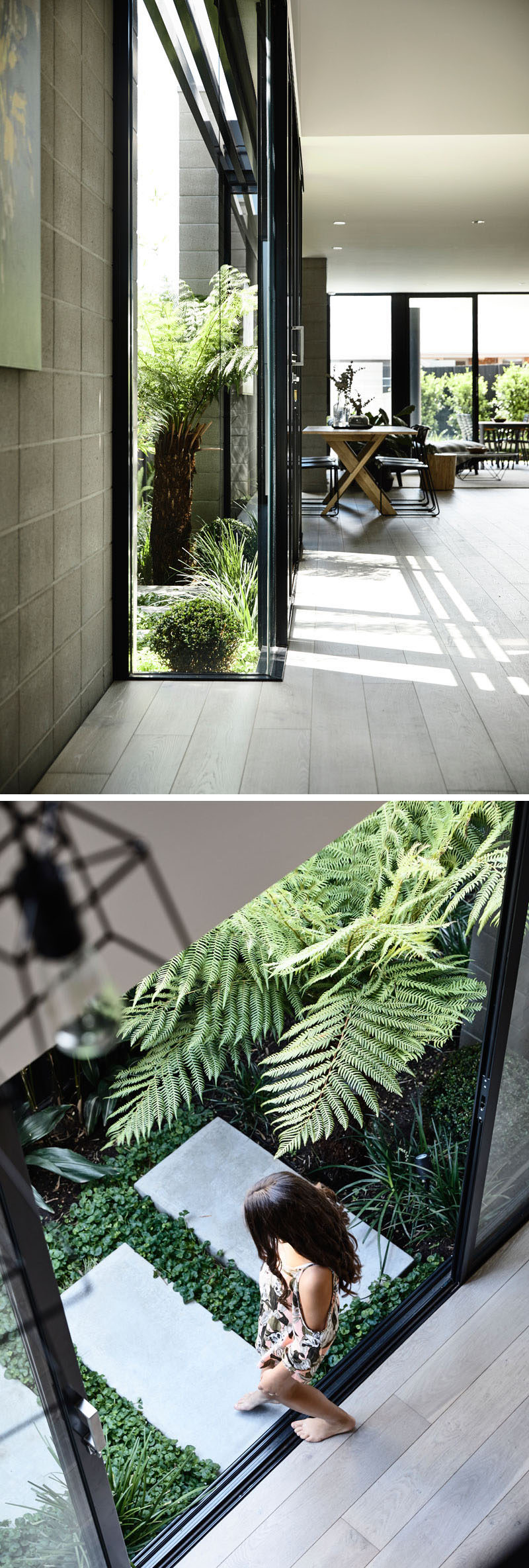 This modern house has a small side courtyard that can be accessed through sliding glass doors. #Landscaping #Garden