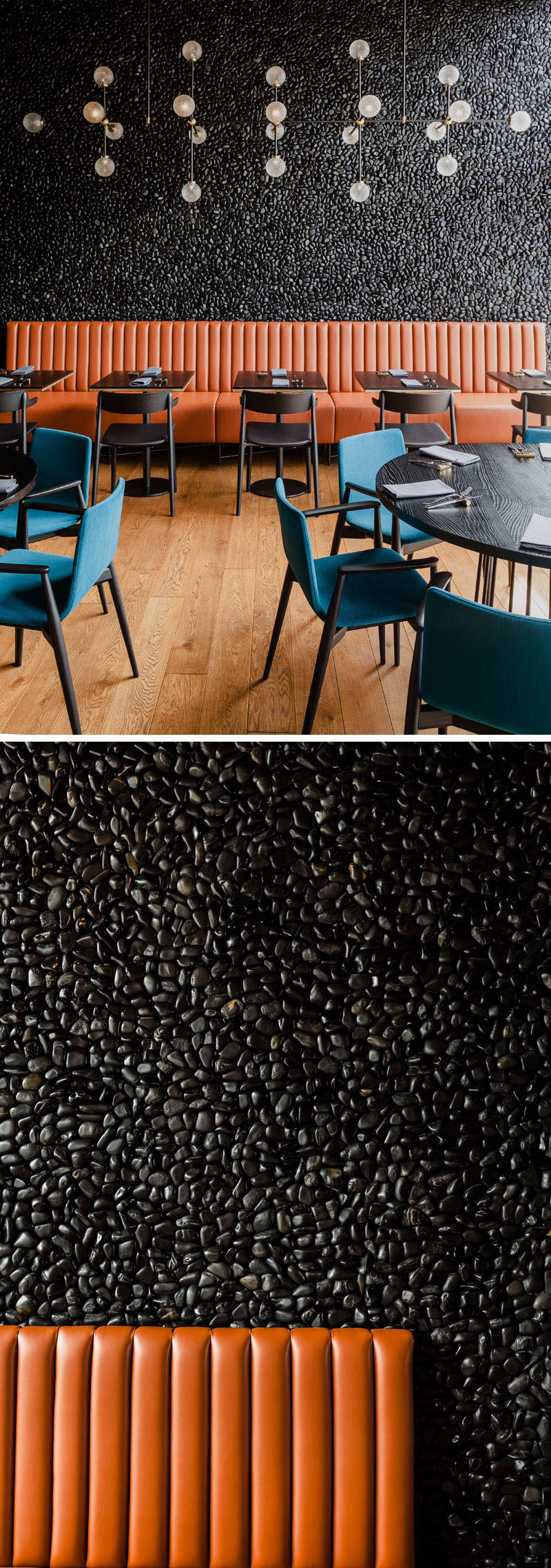 Leather banquette seating sits against a background of hand-laid wall mosaic of black pebbles in this modern restaurant. #Pebbles #AccentWall #RestaurantDesign