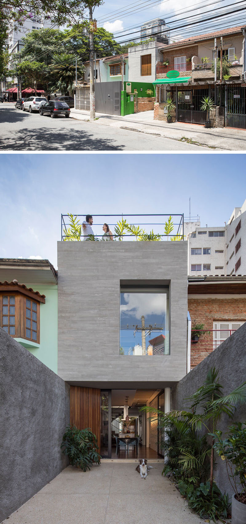 The updated narrow Brazilian house has a secure area at the front of the home that acts as a small garden and patio before entering the home. #NarrowHouse #ModernHouse