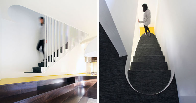 Architect Francesca Perani and Bloomscape Architecture have designed modern stairs that are accessed via the extended kitchen countertop and a built-in bench in the dining area. #Stairs #Staircase