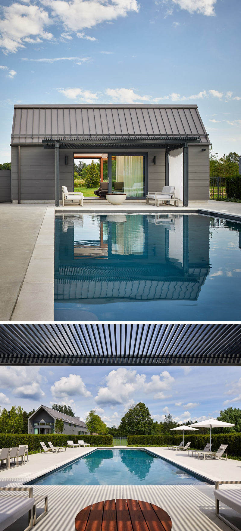 In this modern landscaped yard, there's a pool, a hot tub and a sheds that contain a sauna, pool equipment and mechanical functions. If needed in the future, the shed can be transformed into a one-bedroom guest cottage. #ModernSwimmingPool #PoolHouse