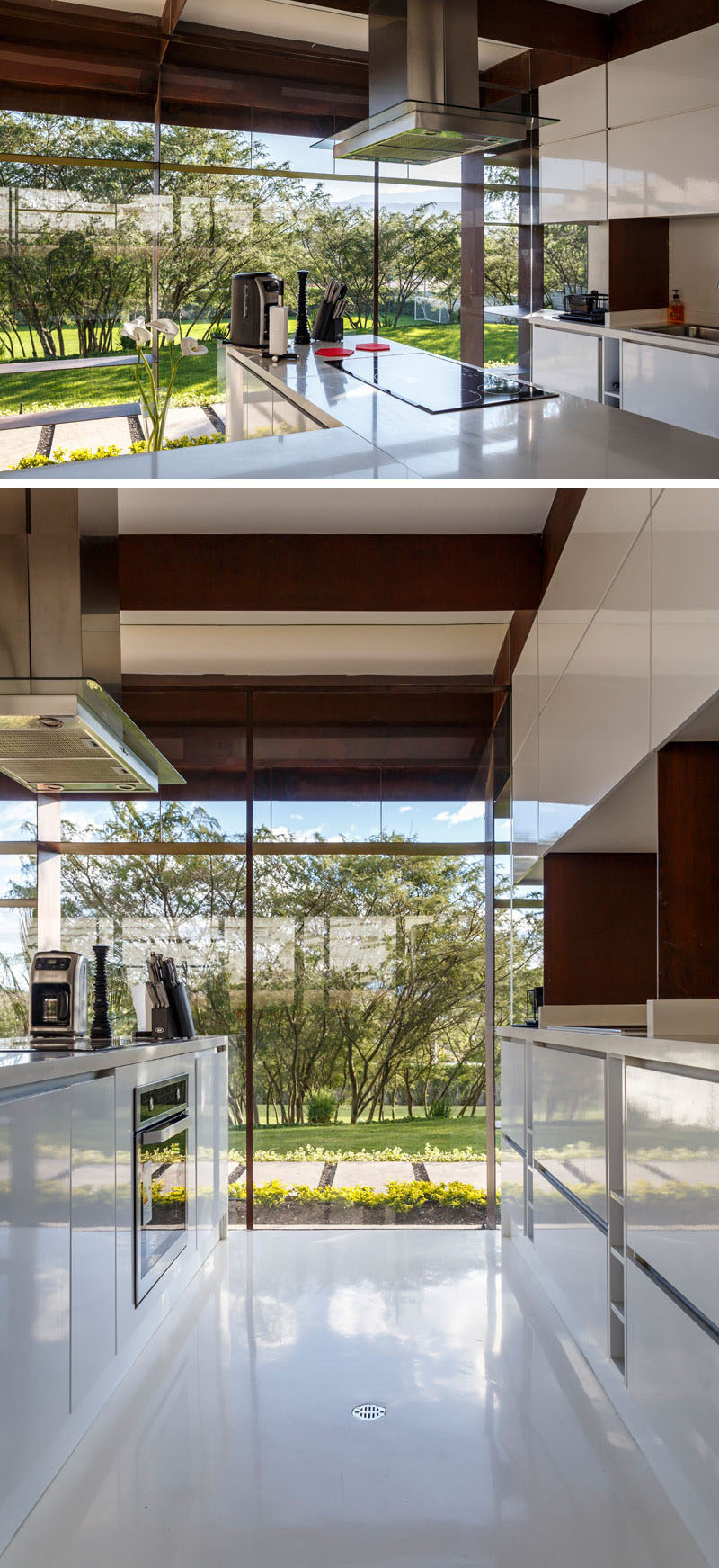 This modern kitchen has minimalist white cabinets that match the white floor. #WhiteKitchen #Windows