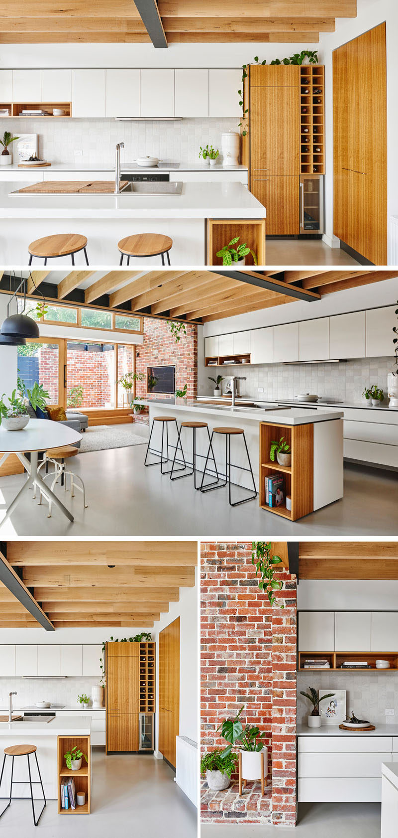 This modern kitchen has minimalist white cabinets with wood accents like the fridge door, wine rack and shelving. #WhiteKitchen #ModernKitchen