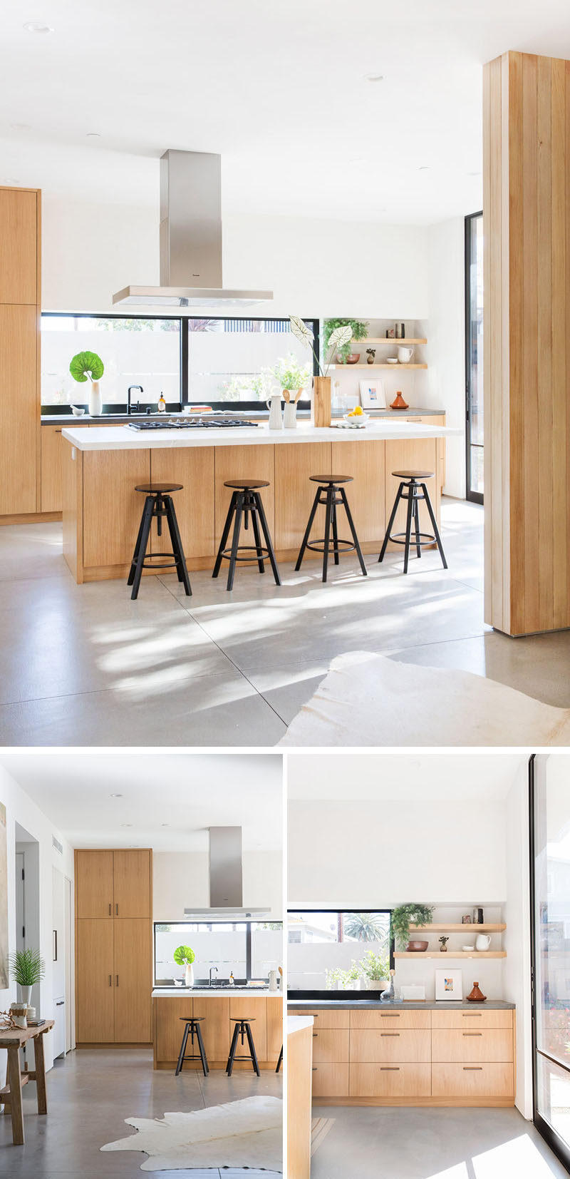 In this kitchen, light oak cabinets have been paired with white plaster walls and countertops to create a modern appearance. #ModernKitchen #KitchenDesign