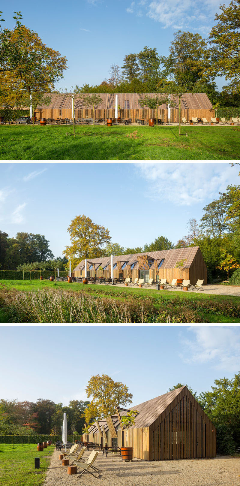 This modern barn-like building nine movable facade parts that open up the building in the morning and close it at night. #Barn #Architecture #BuildingDesign