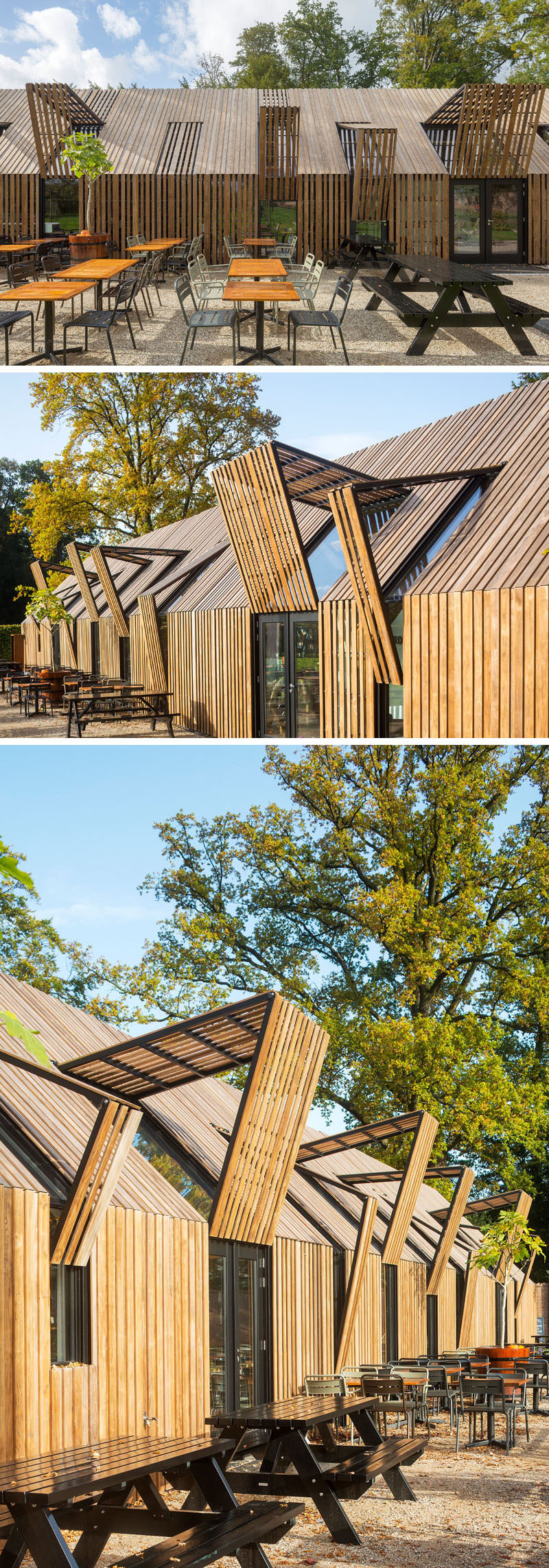 This modern barn-like building nine movable facade parts that open up the building in the morning and close it at night. #Barn #Architecture #BuildingDesign