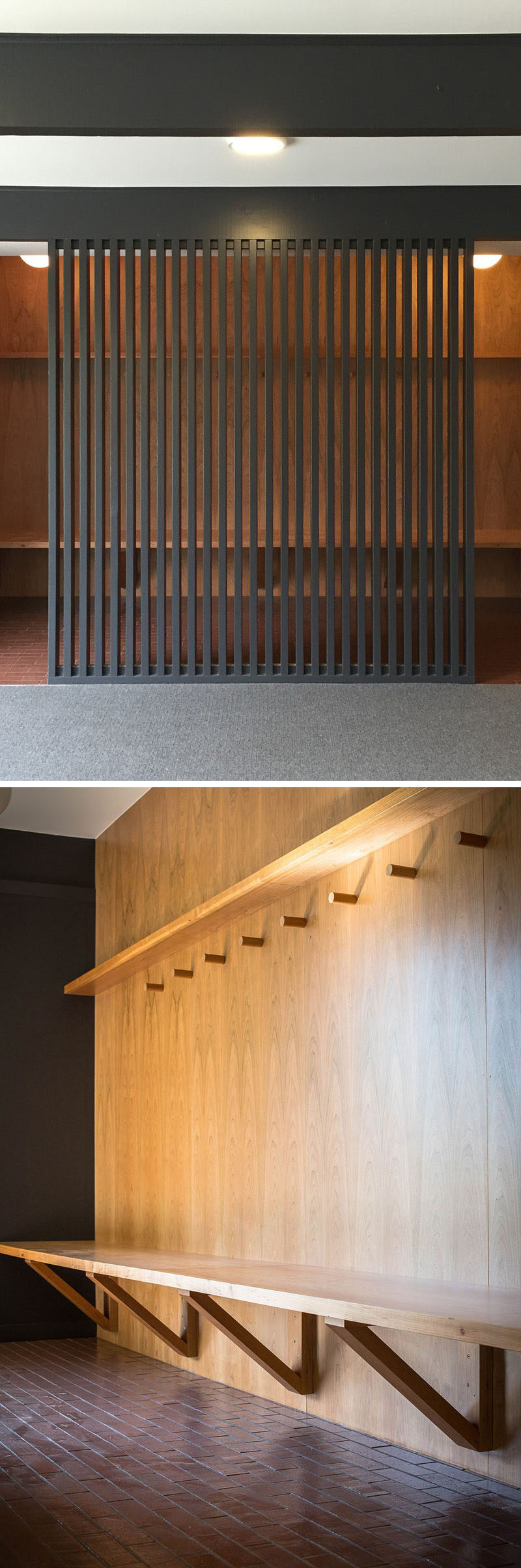 This modern mudroom has a wood bench, hooks and a screen that allows light through. #Mudroom