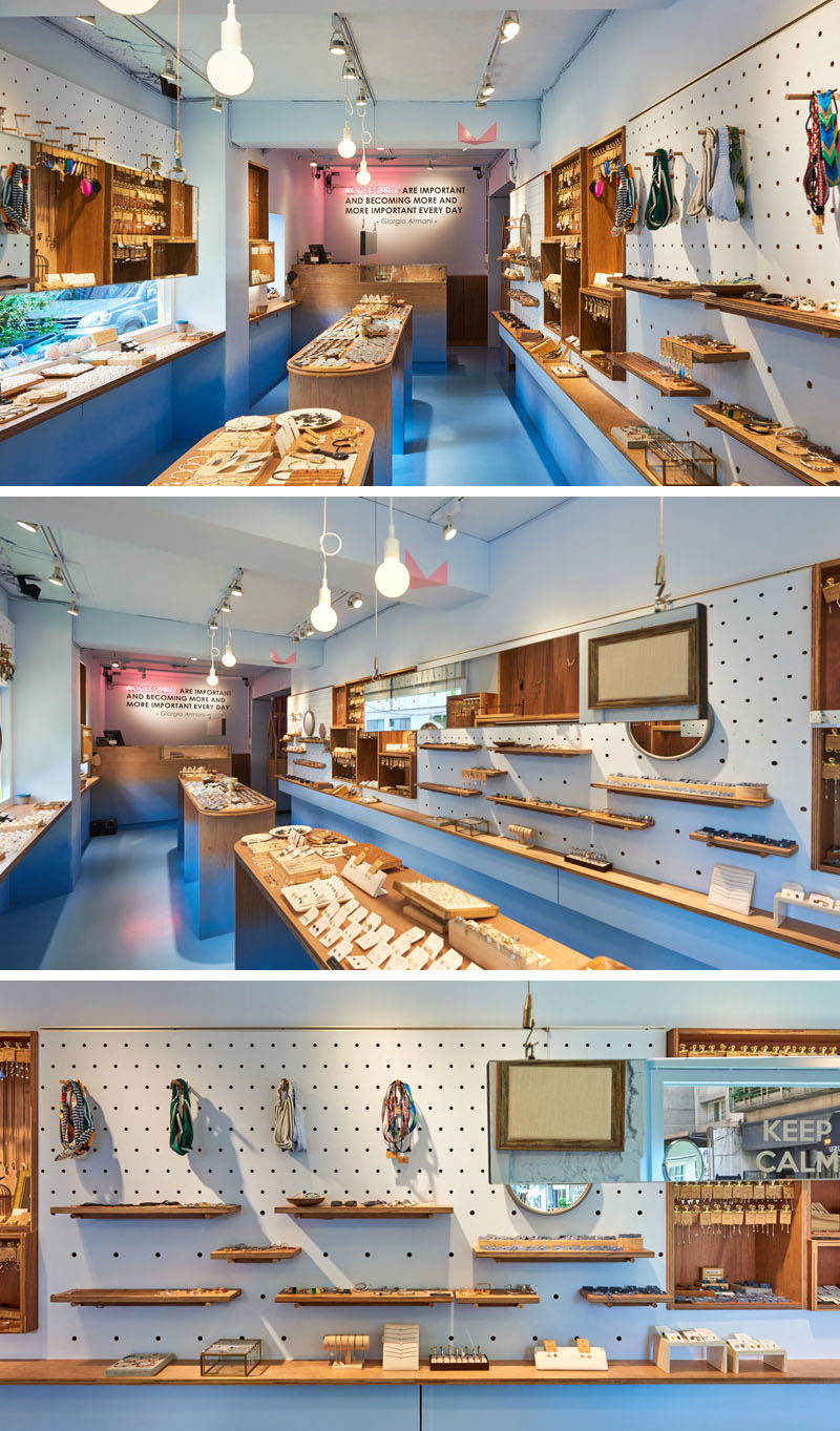 This modern retail store has pegboard walls that allow the owners of the store to display all product and if needed the shelves and hooks can easily be moved to change the layout of the walls. #RetailStore #Shelving #Pegboard