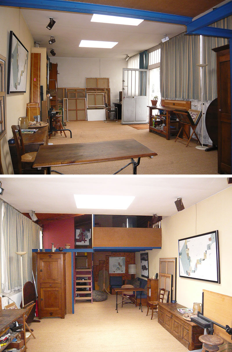 This small building that was once a garage and then an artist studio, has been transformed into a small house with a kitchen, bedroom, bathroom and lofted work area. #BeforePhoto #SmallHouse