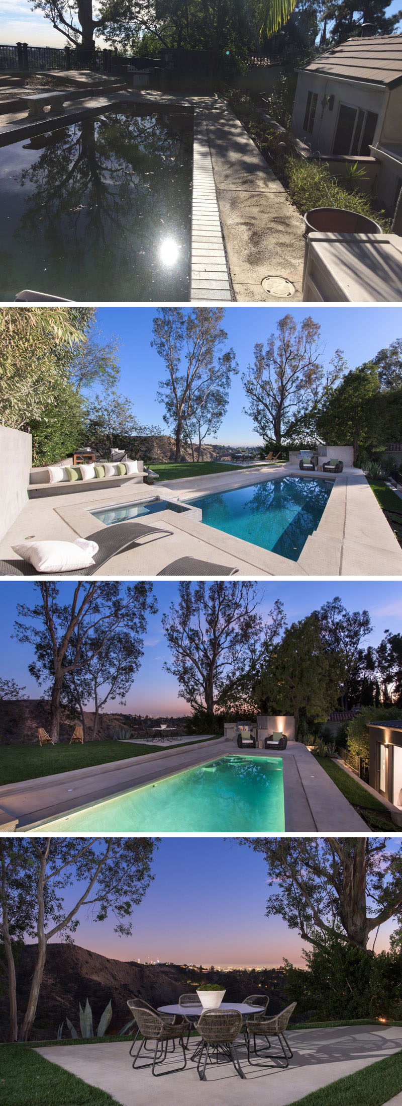 BEFORE & AFTER - This backyard, which has views of the surrounding neighborhood, received a major overhaul, with an updated pool and bbq area, built-in seating, a new lawn and patio area. #Landscaping #Backyard #SwimmingPool