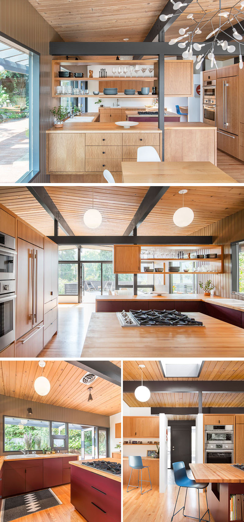 In this remodeled kitchen, kight wood cabinets and countertops have been paired with maroon laminate cabinets as the homeowners wanted to add a pop of color. #KitchenRemodel #WoodCabinets