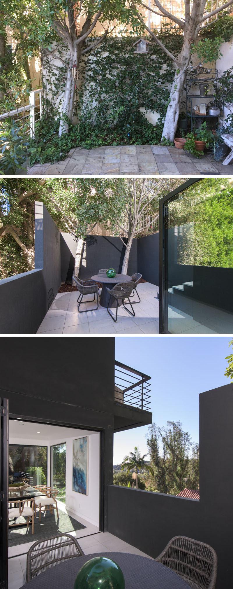 BEFORE & AFTER - What was once an overgrown patio, has now been transformed into a private oasis with dark walls and a tidy appearance. #Patio #Landscaping #OutdoorSpace