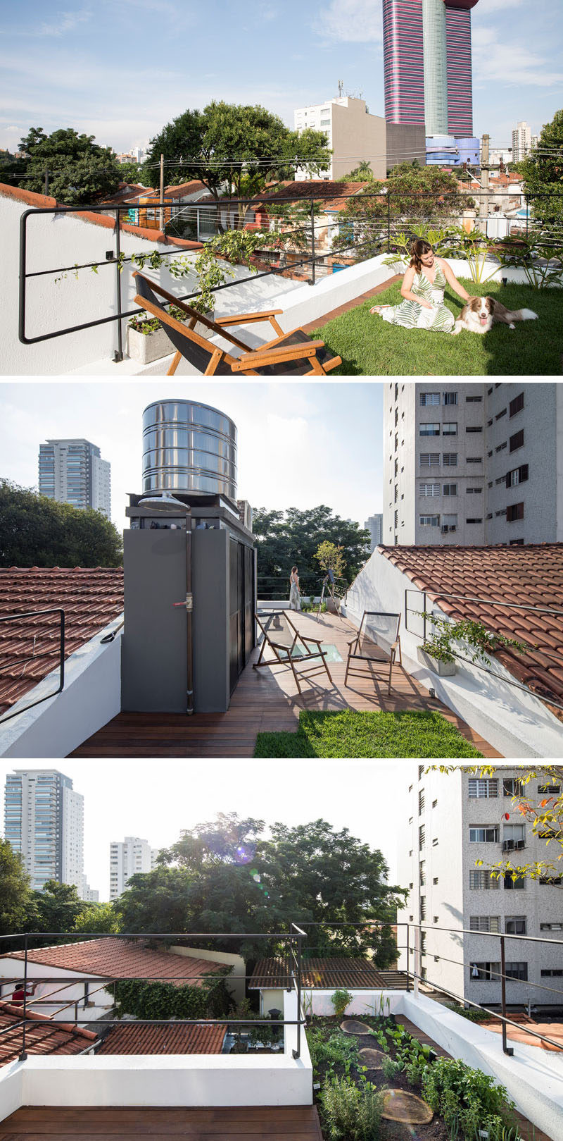 This small house has a rooftop deck with a small grassy area and garden, as well as space for relaxing. #RooftopDeck #RooftopGarden