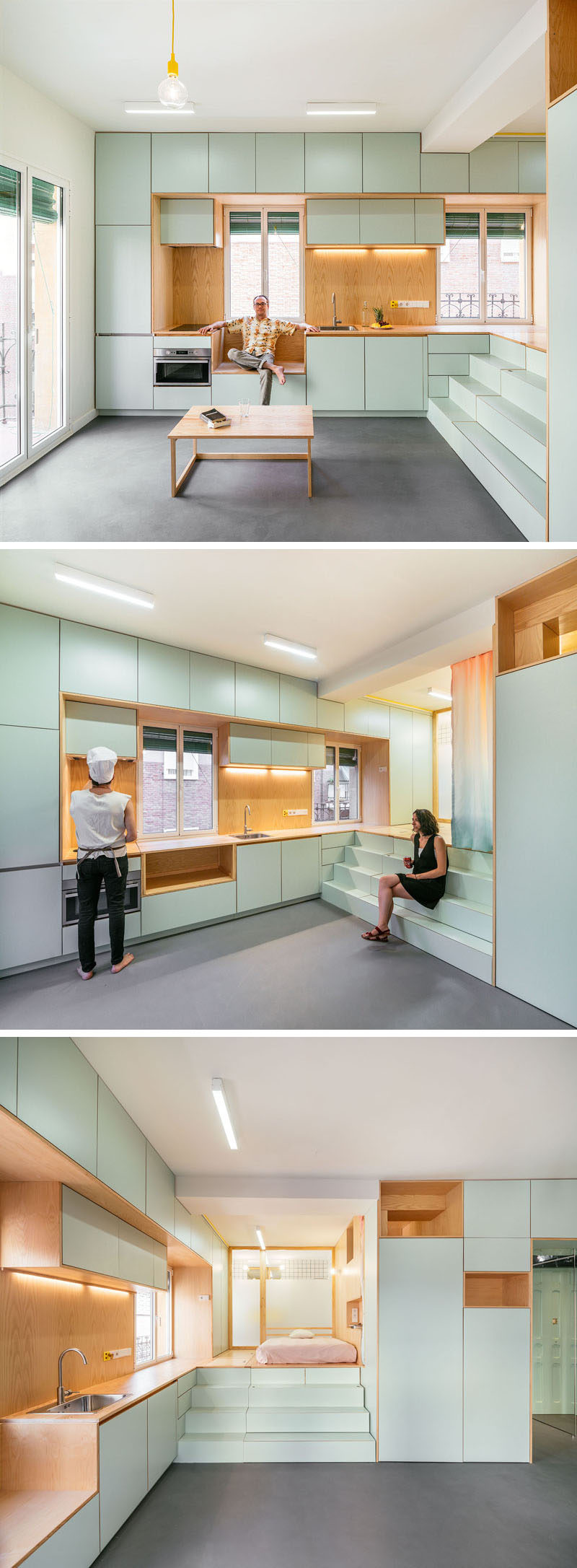 This small and modern apartment has an open area, while the kitchen, with its light blue cabinets and wood features lines the wall.  #SmallApartment #Kitchen
