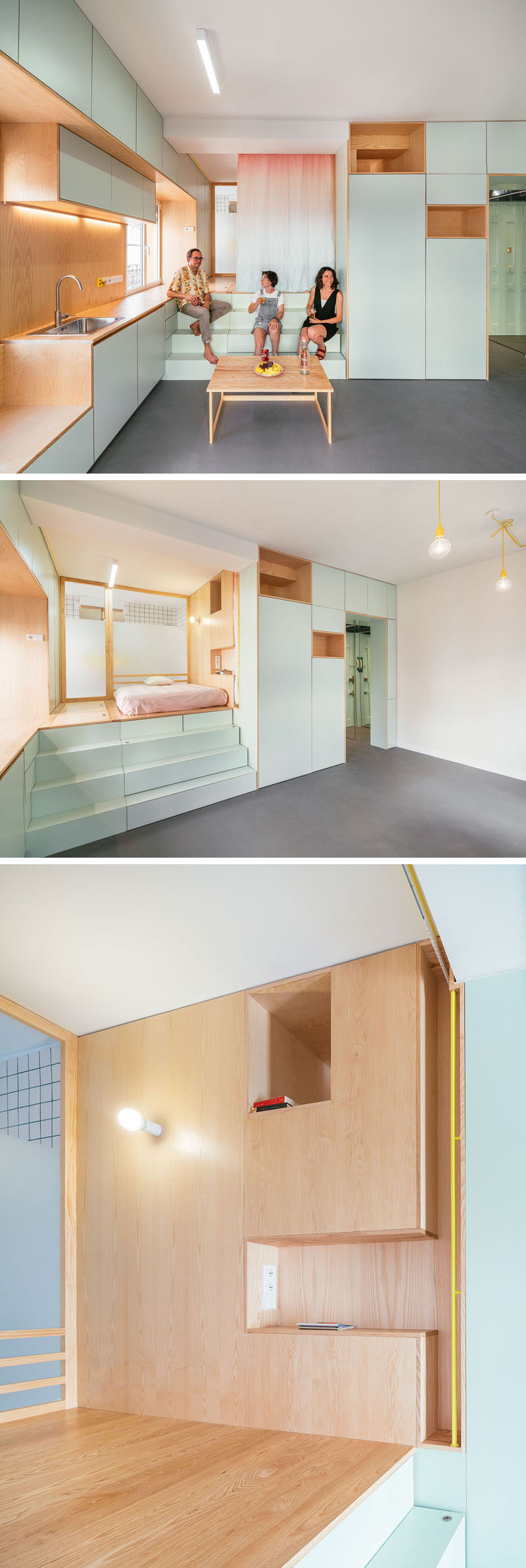 Trong căn hộ hiện đại này, một tấm rèm đầy màu sắc đơn giản mang lại sự riêng tư cho phòng ngủ, trong khi giá đỡ bằng gỗ đóng vai trò như một chiếc bàn cạnh giường ngủ.  #SmallApartment #InteriorDesign