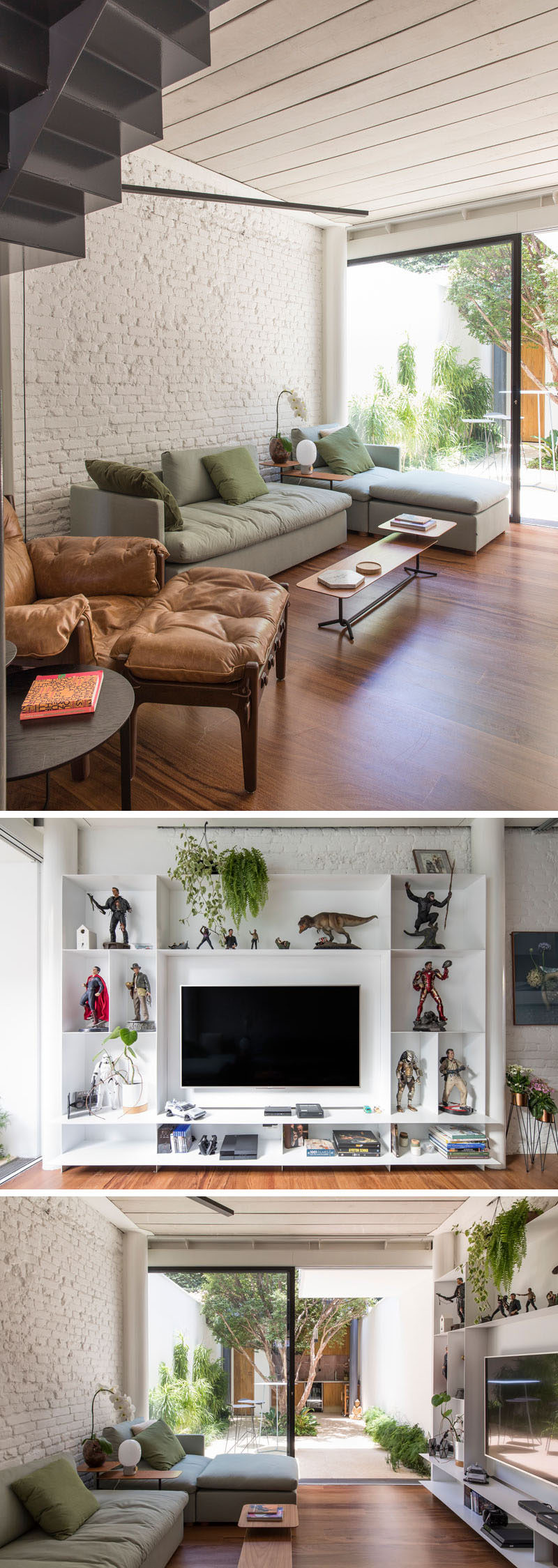 In this modern living room, seating is located along one side of the space, while on the other wall, there's a shelving unit with room to display action figures and house the television. #LivingRoom #Shelving