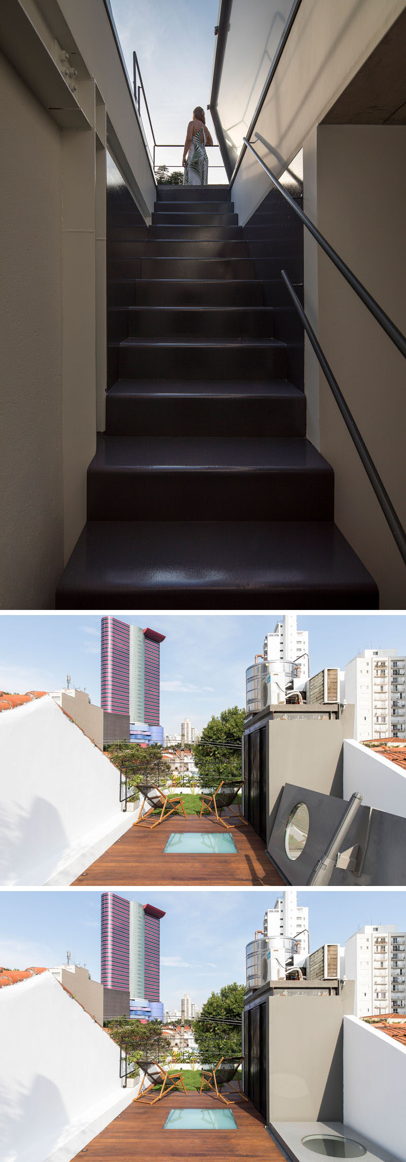 This modern house has stairs that continue up to the roof, where a skylight provides access to the rooftop deck. #Skylight #RooftopDeck