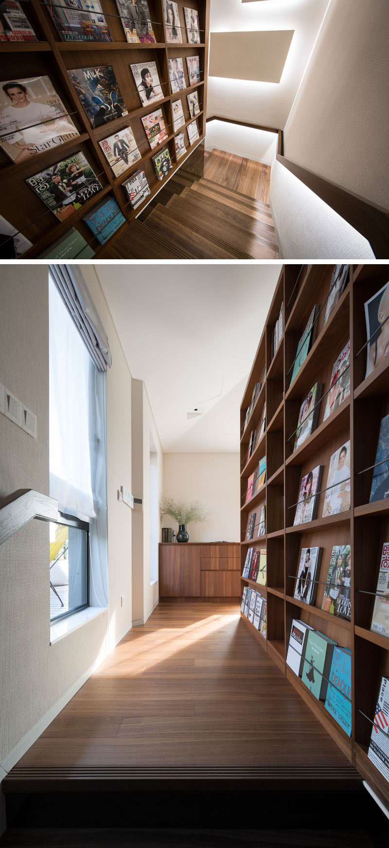 These stairs have a handrail with hidden lighting and a shallow bookcase for displaying magazines. #WoodStairs #ModernStairs #Shelving