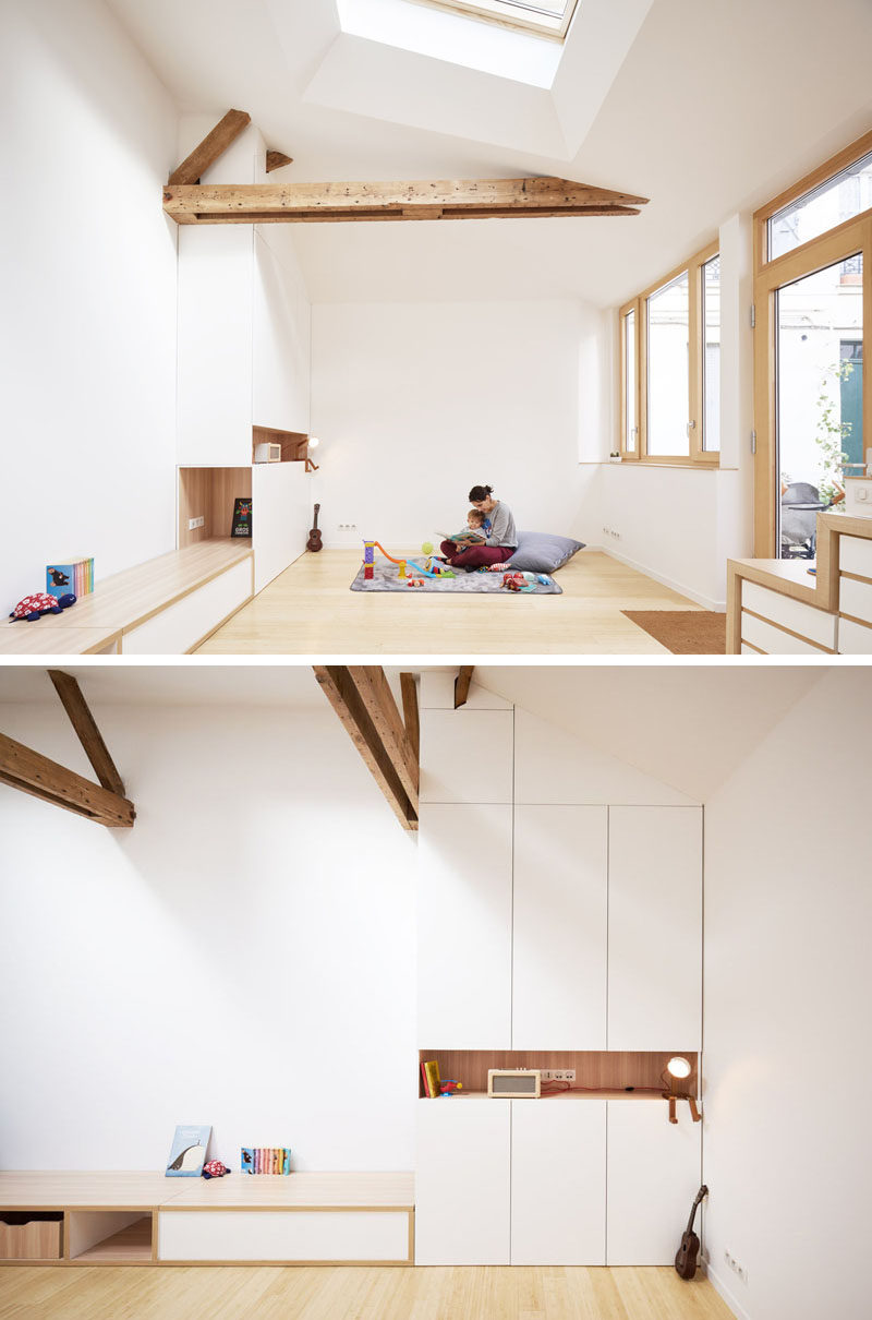 Built-in cabinets almost blend into the white walls of this small house interior. #Storage #Cabinets