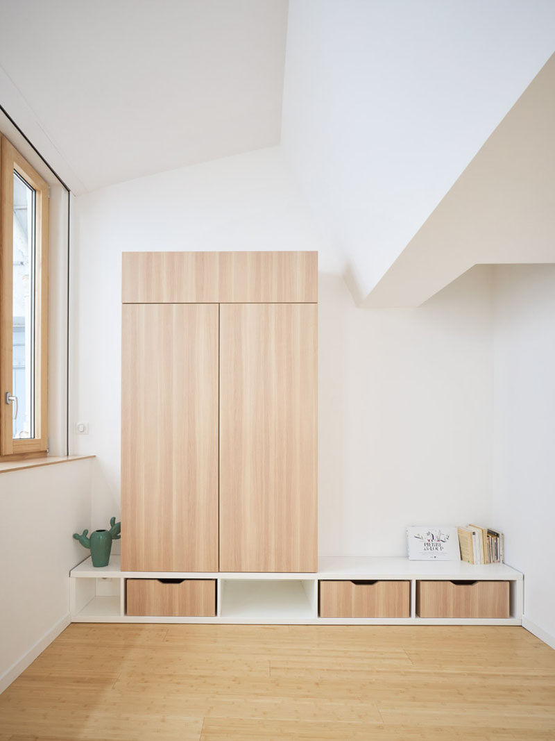 This bedroom has a wood closet and drawers that provide some storage. #Closet #Drawers