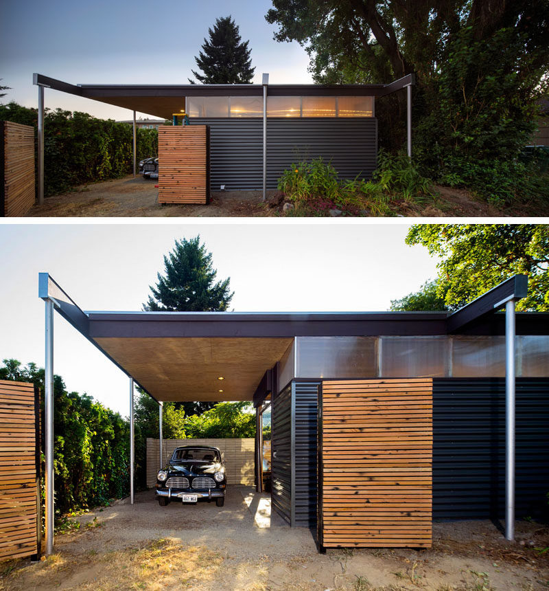 A pavilion roof extends to form a carport and outdoor workshop space at the end of this modern backyard studio. #BackyardStudio #ModernArchitecture #Carport