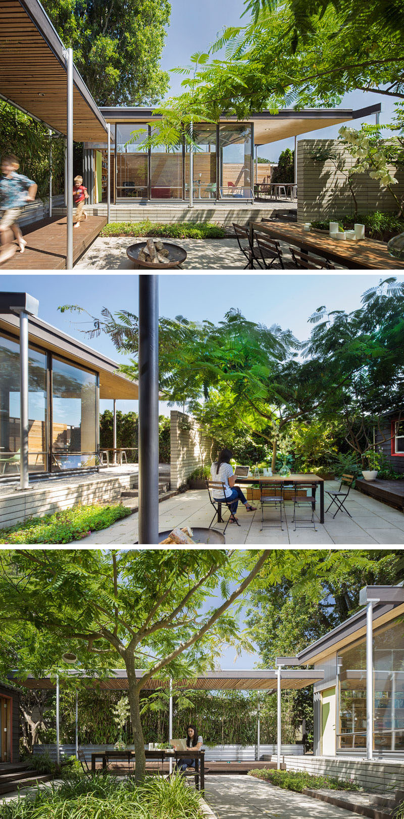 This courtyard between the main house and a backyard studio features a central paved terrace with a protected private area for dining, entertaining, lounging and year-round play. A central Silk tree provides dappled shade in summer. #Courtyard #Garden #Landscaping