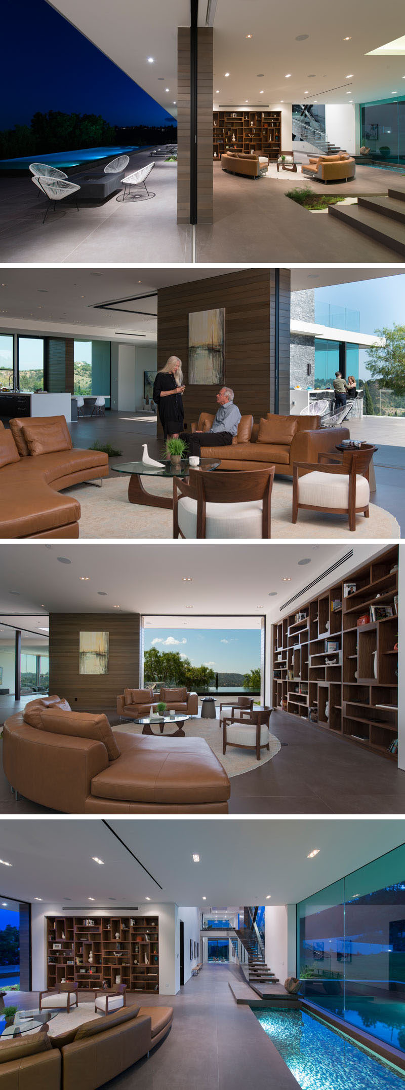 This contemporary living room has curved couches and a wall of built-in wood shelving. #CurvedCouch #Shelving