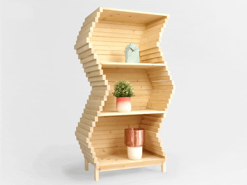 Studio Lorier have designed a new wood bookshelf, whose shape is customizable, and where each separate layer can be moved independently. Click through to see more photos. #Shelving #Bookshelf