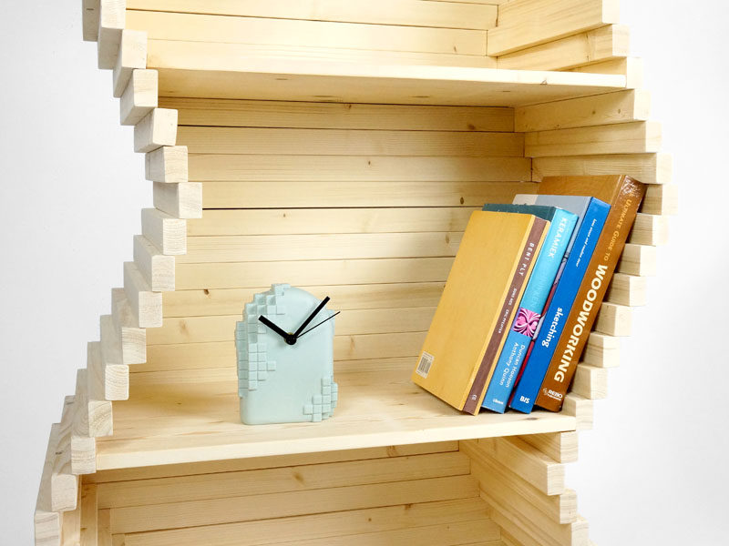 Studio Lorier have designed a new wood bookshelf, whose shape is customizable, and where each separate layer can be moved independently. Click through to see more photos. #Shelving #Bookshelf