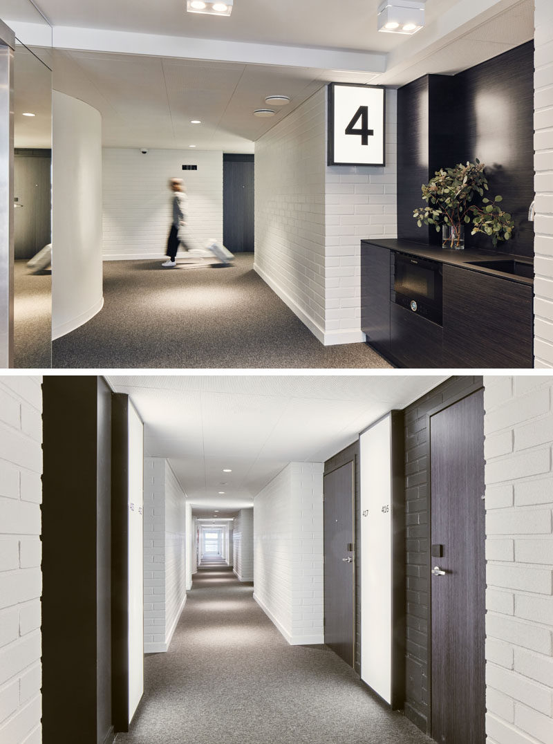 The hallways of this modern hotel have been kept simple in their design, with signage consisting of easily decipherable pictograms. Each floor also has a communal small kitchen with a microwave oven and a faucet with boiling hot water. #HotelDesign