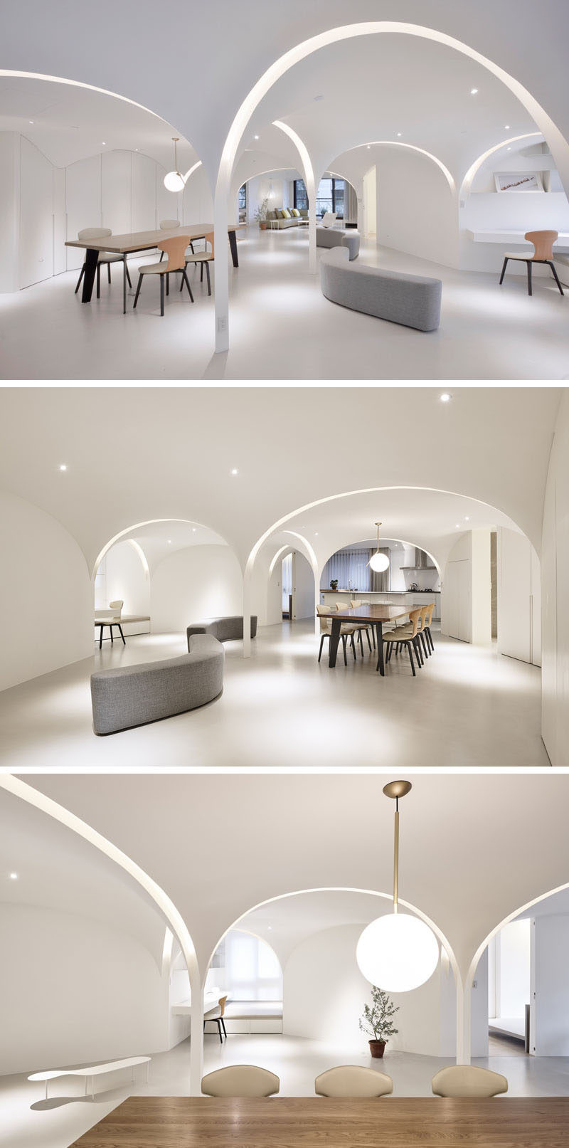 Very Studio | Che Wang Architects have designed the interior of a modern white apartment that features arches that have curved lighting that runs within them. #InteriorDesign #Lighting #Archway