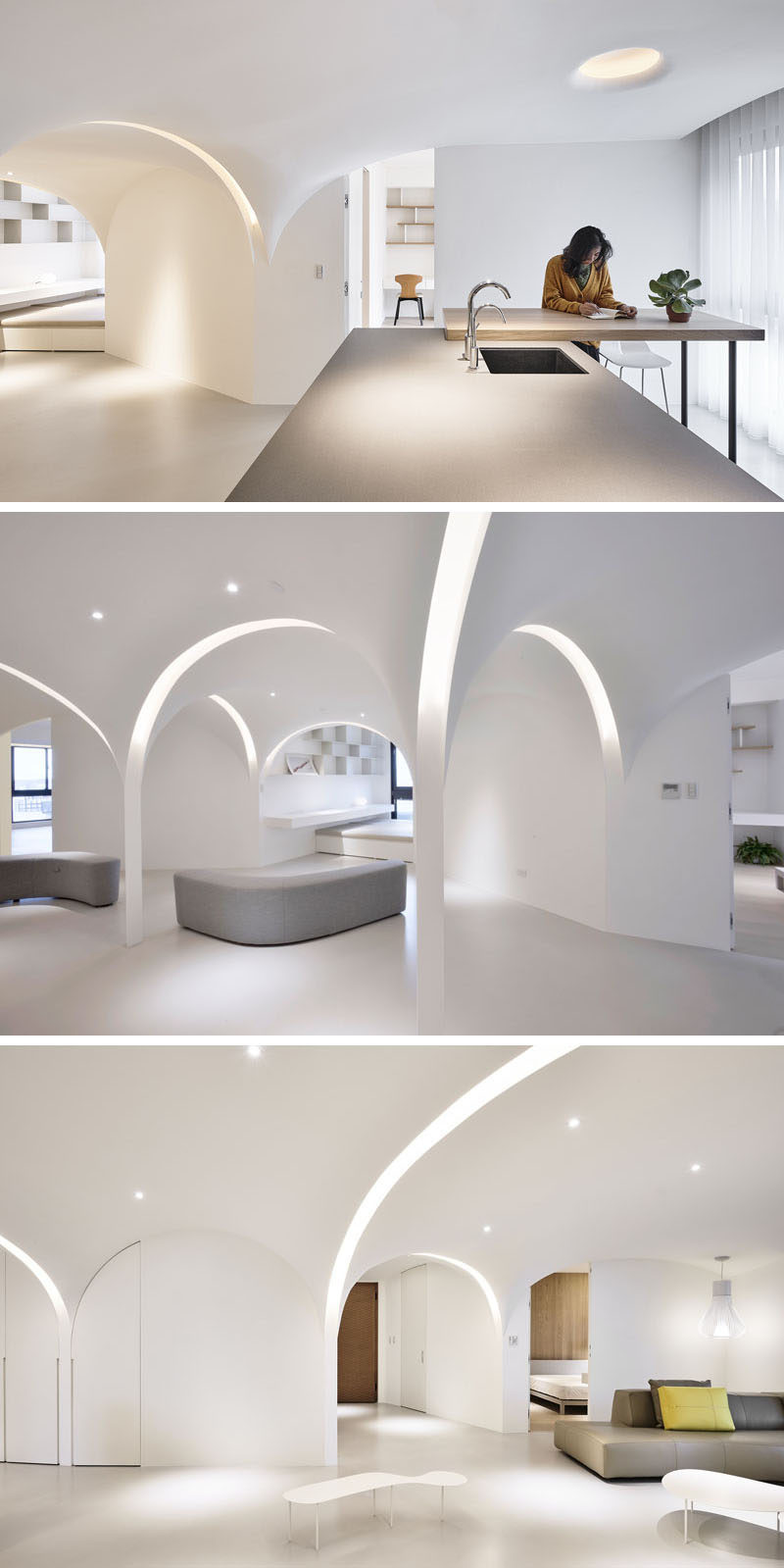 Very Studio | Che Wang Architects have designed the interior of a modern white apartment that features arches that have curved lighting that runs within them. #InteriorDesign #Lighting #Archway