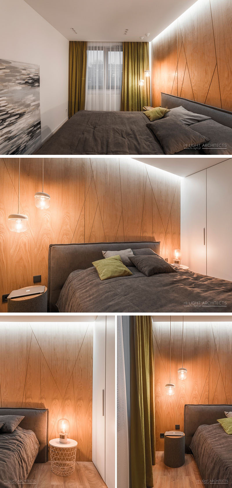 In this modern bedroom there's wood accent wall, with a diagonal pattern, that's highlighted by the hidden lighting in the ceiling. #ModernBedroom #WoodAccentWall